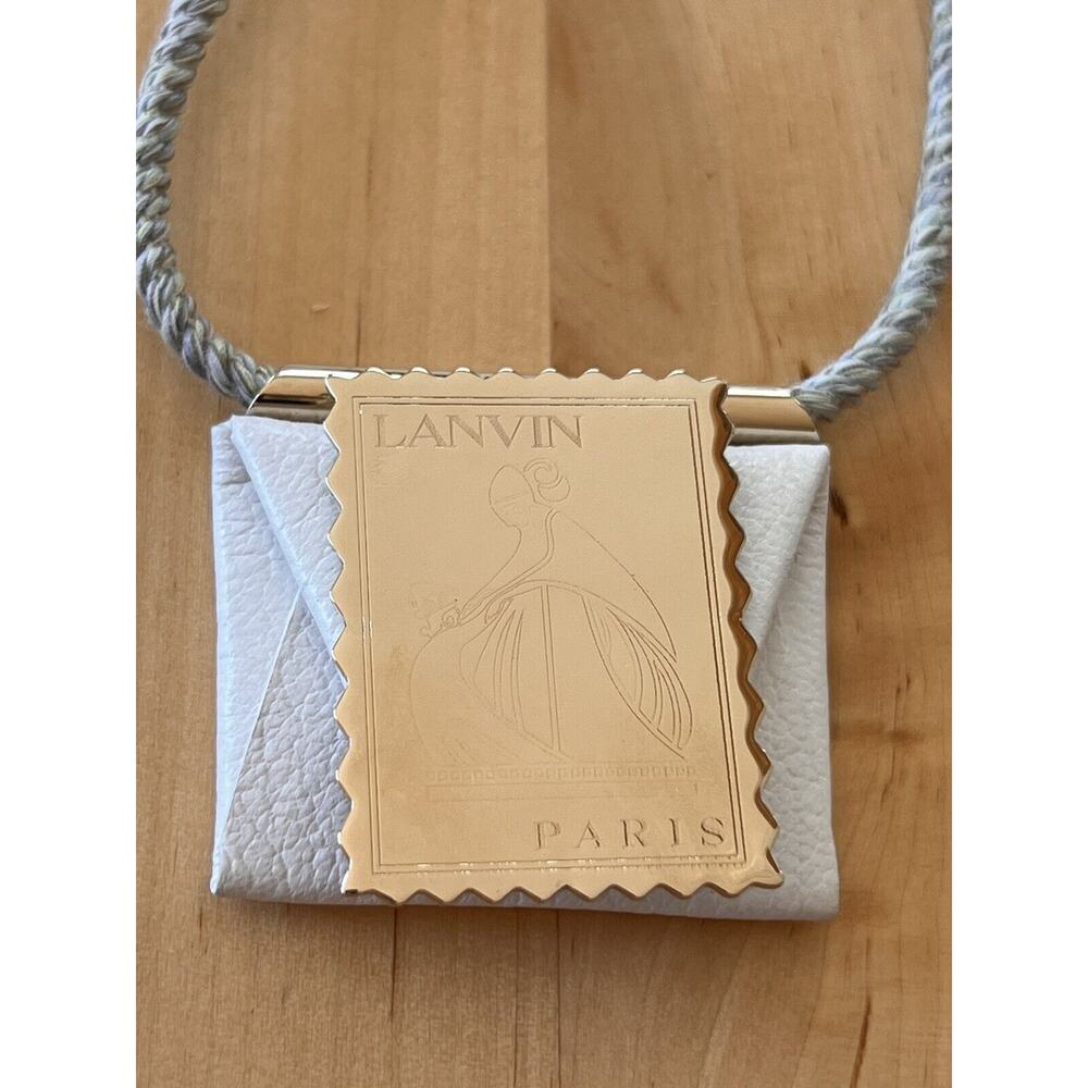 Lanvin White Leather Envelope Necklace Gold Plated Brass Stamp Adjustable - Picture 5 of 10